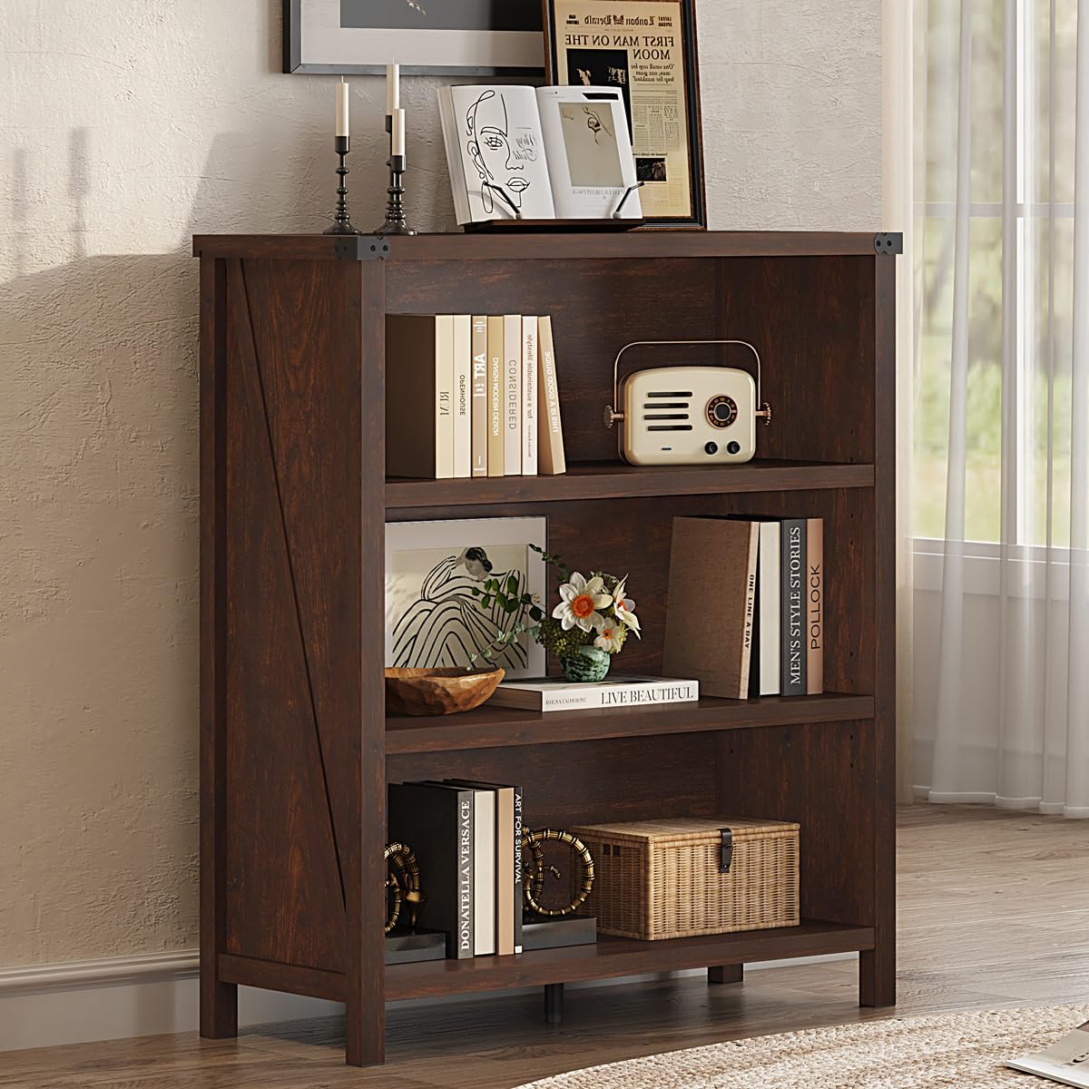 Office Furniture For Small Spaces - Farmhouse Style 3 Tier Wooden Bookshelf